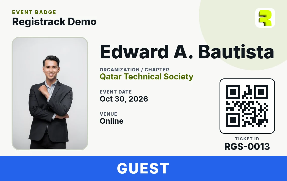 Sample RegisTrack event badge with attendee photo, QR code and ticket ID