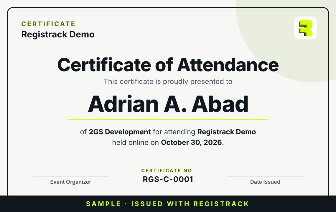 Sample RegisTrack certificate of attendance