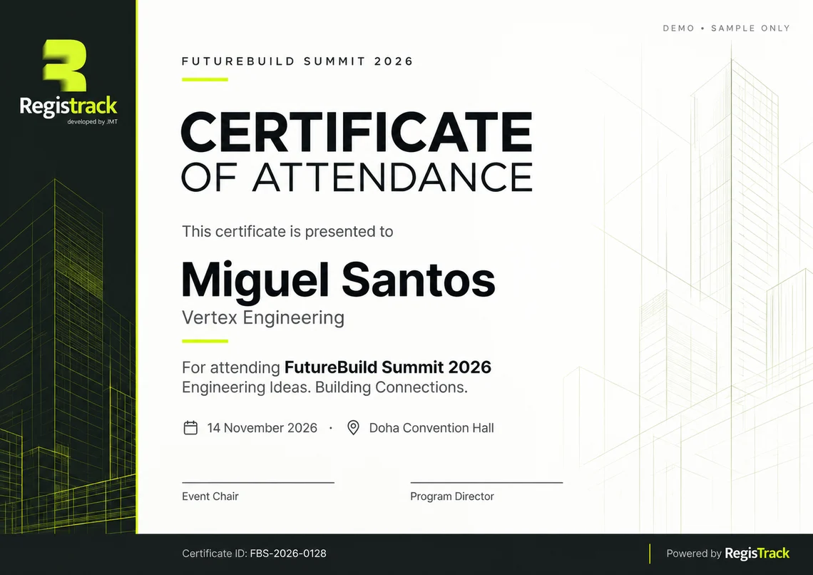 Sample RegisTrack certificate of attendance with attendee name, event details and certificate ID