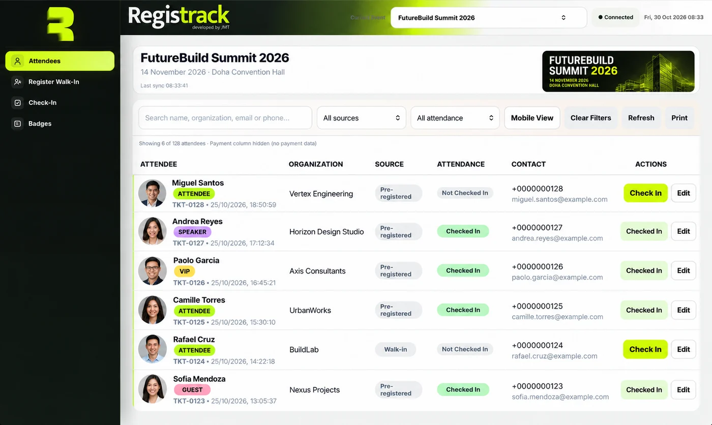 RegisTrack attendee roster with one-tap check-in on a tablet