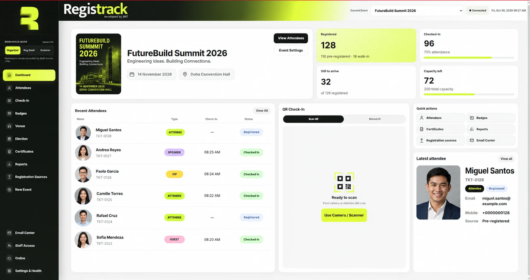 RegisTrack dashboard on a MacBook for a sample event, showing registered, checked-in and capacity counts, recent attendees, QR check-in and the latest attendee