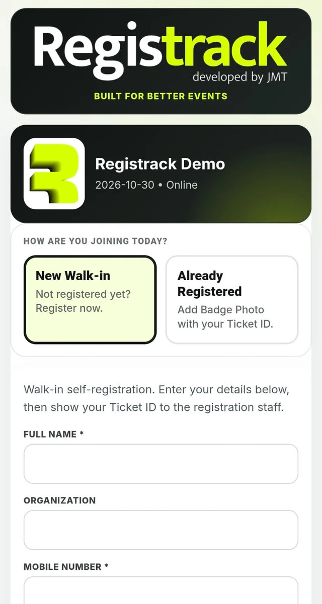RegisTrack walk-in self-registration on an iPhone