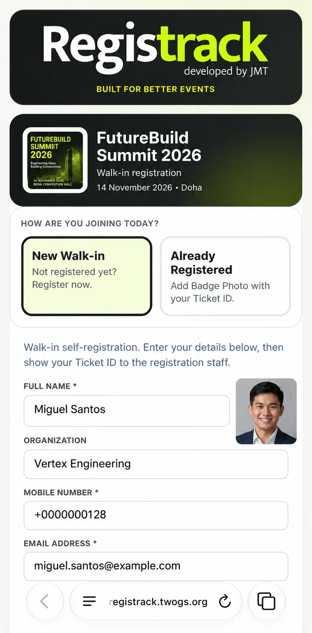 RegisTrack walk-in self-registration on an iPhone